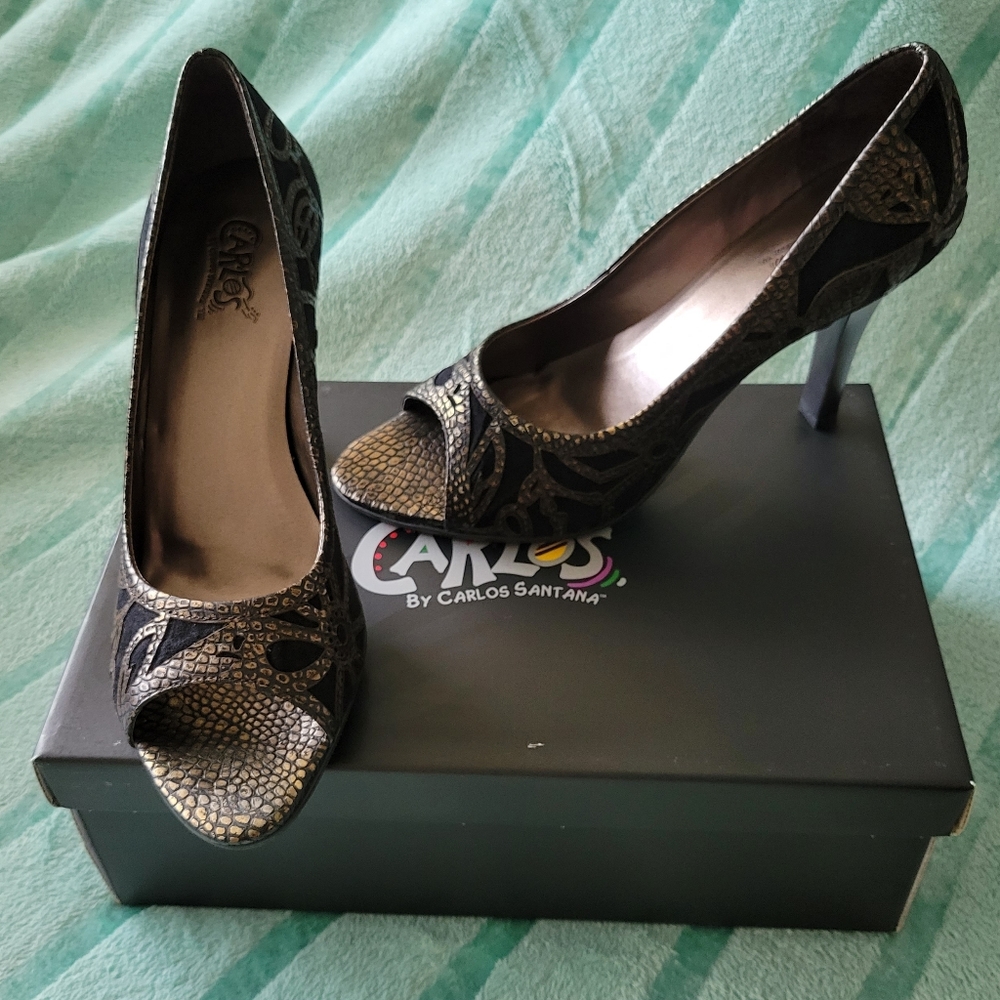 Vintage Carlos Santana 8.5M Black/Bronze Open Toe 4" Heels 'Redemption Black'